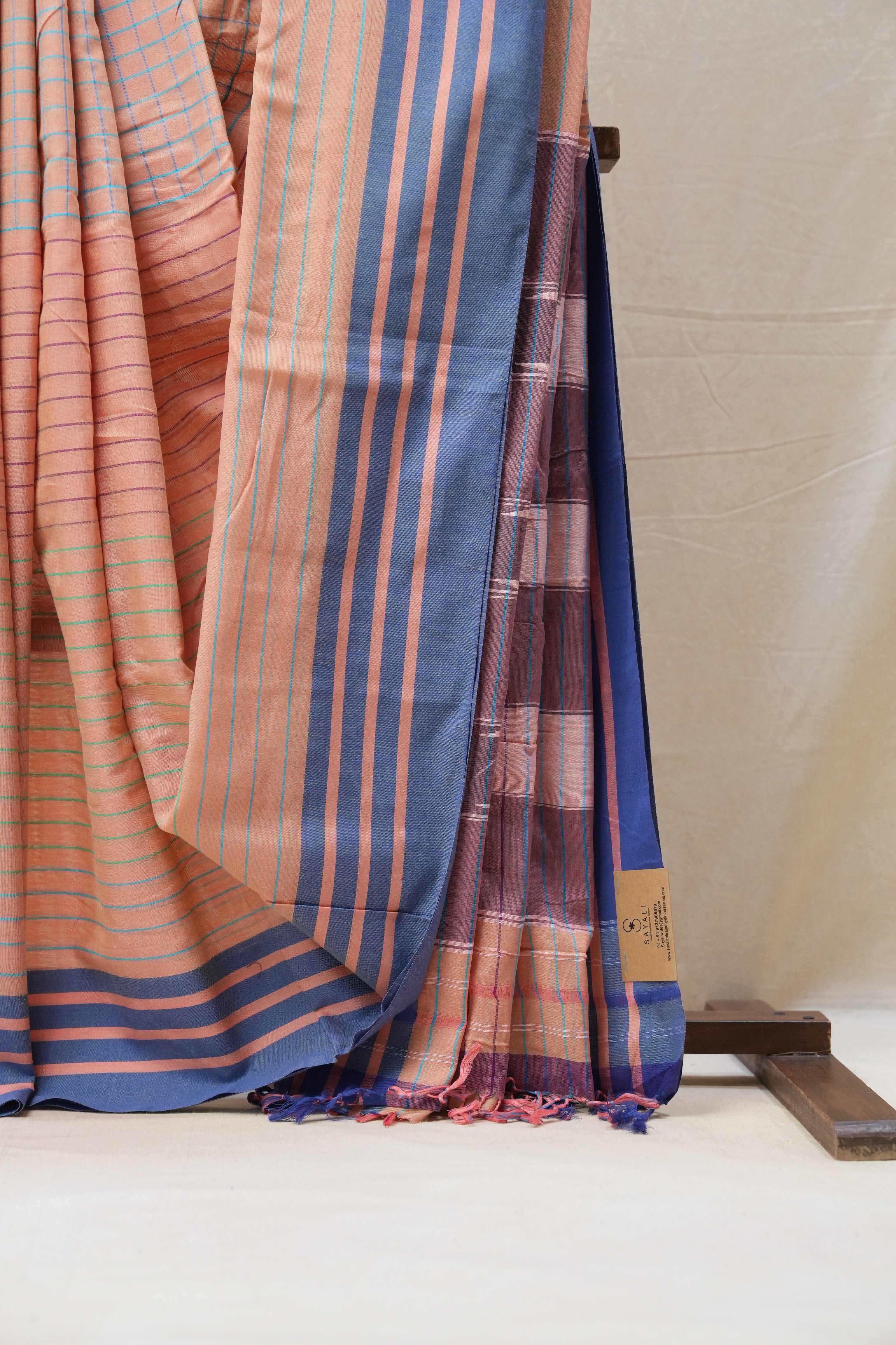 Peach Cotton Ilkal Saree with Stripe Border - SRPCIS626