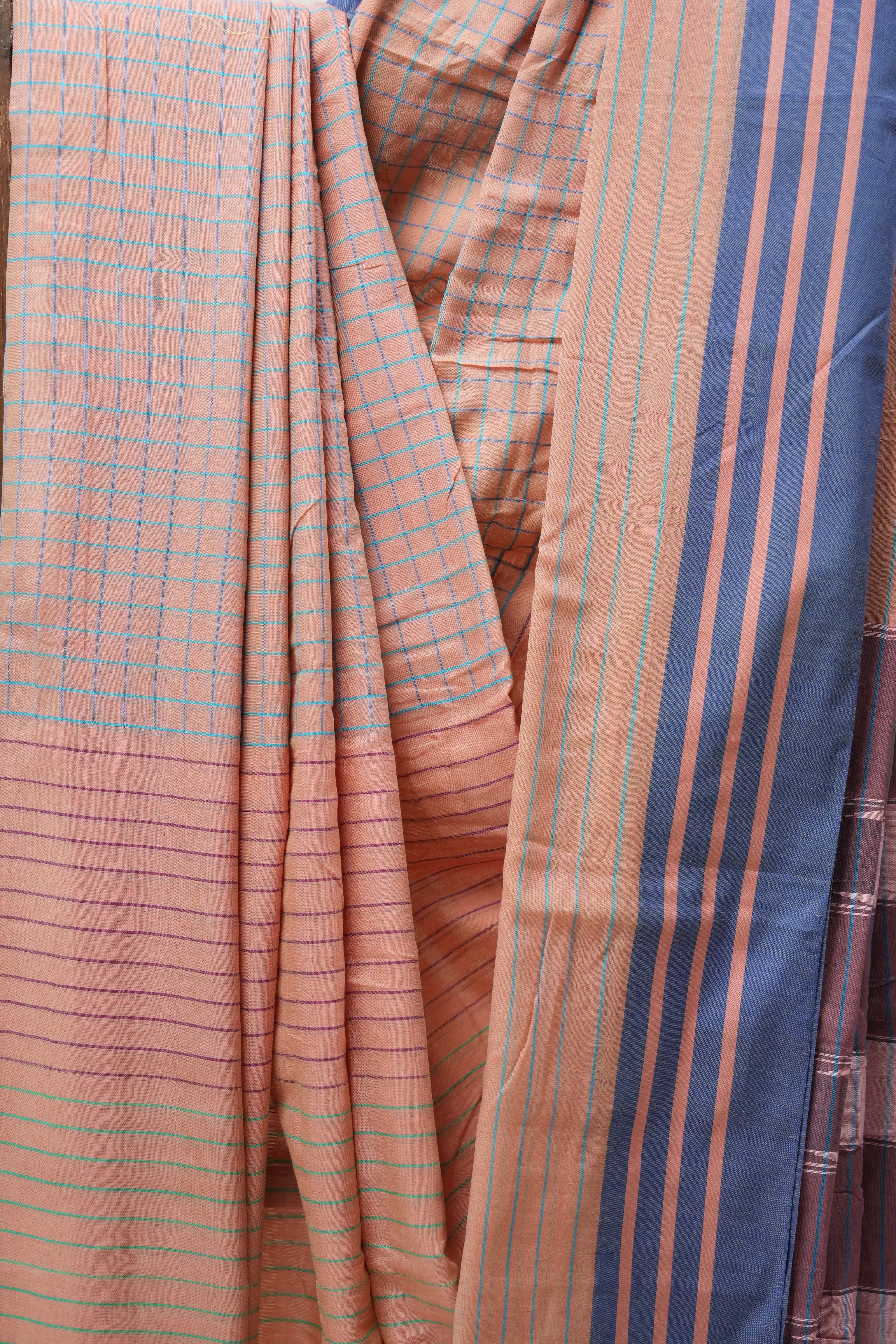 Peach Cotton Ilkal Saree with Stripe Border - SRPCIS626