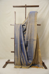 Blue Gold Plain Tissue Linen Saree With Tassels-SRBGPTLS249