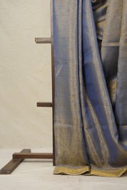 Blue Gold Plain Tissue Linen Saree With Tassels-SRBGPTLS249