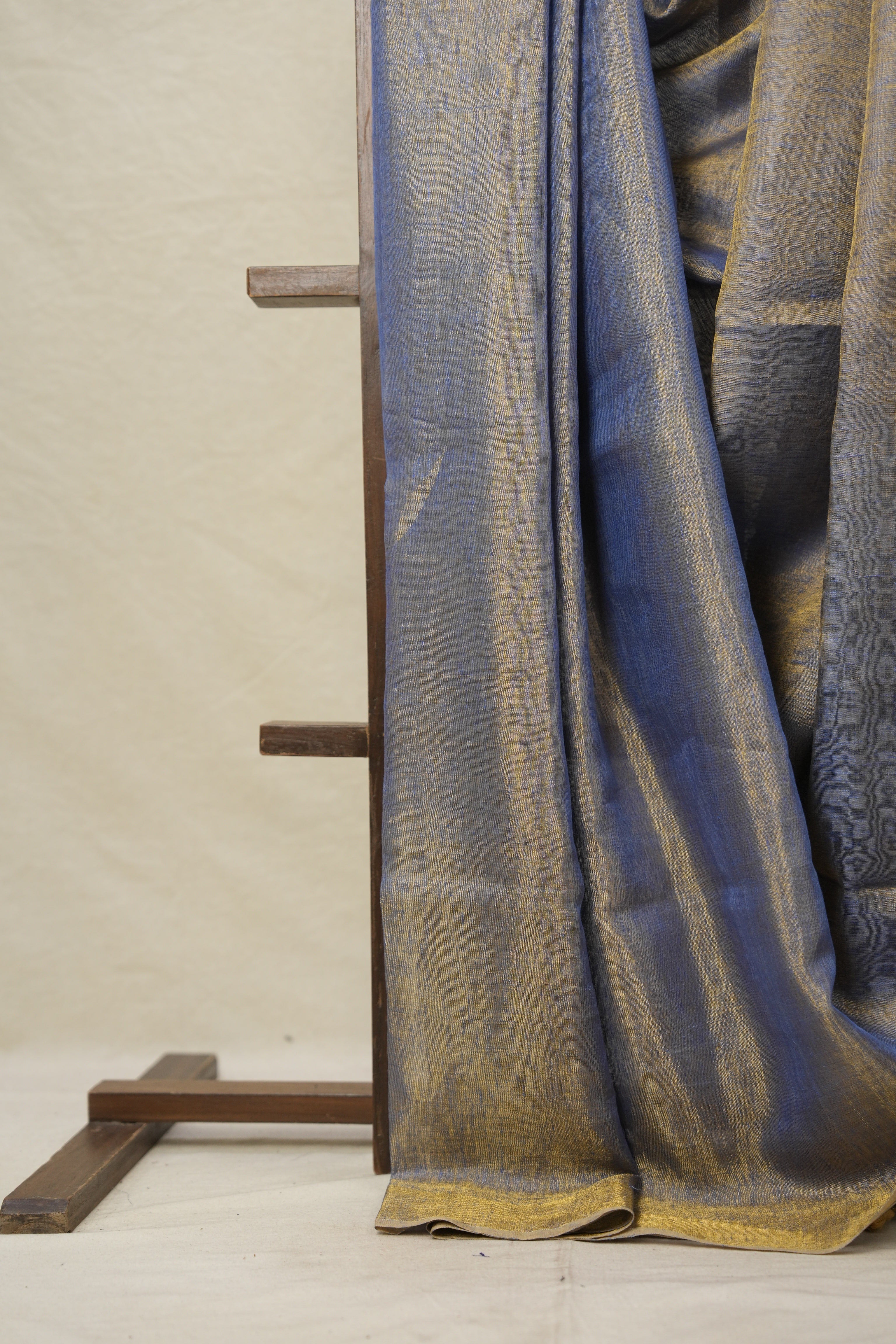 Blue Gold Plain Tissue Linen Saree With Tassels-SRBGPTLS249