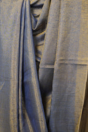 Blue Gold Plain Tissue Linen Saree With Tassels-SRBGPTLS249