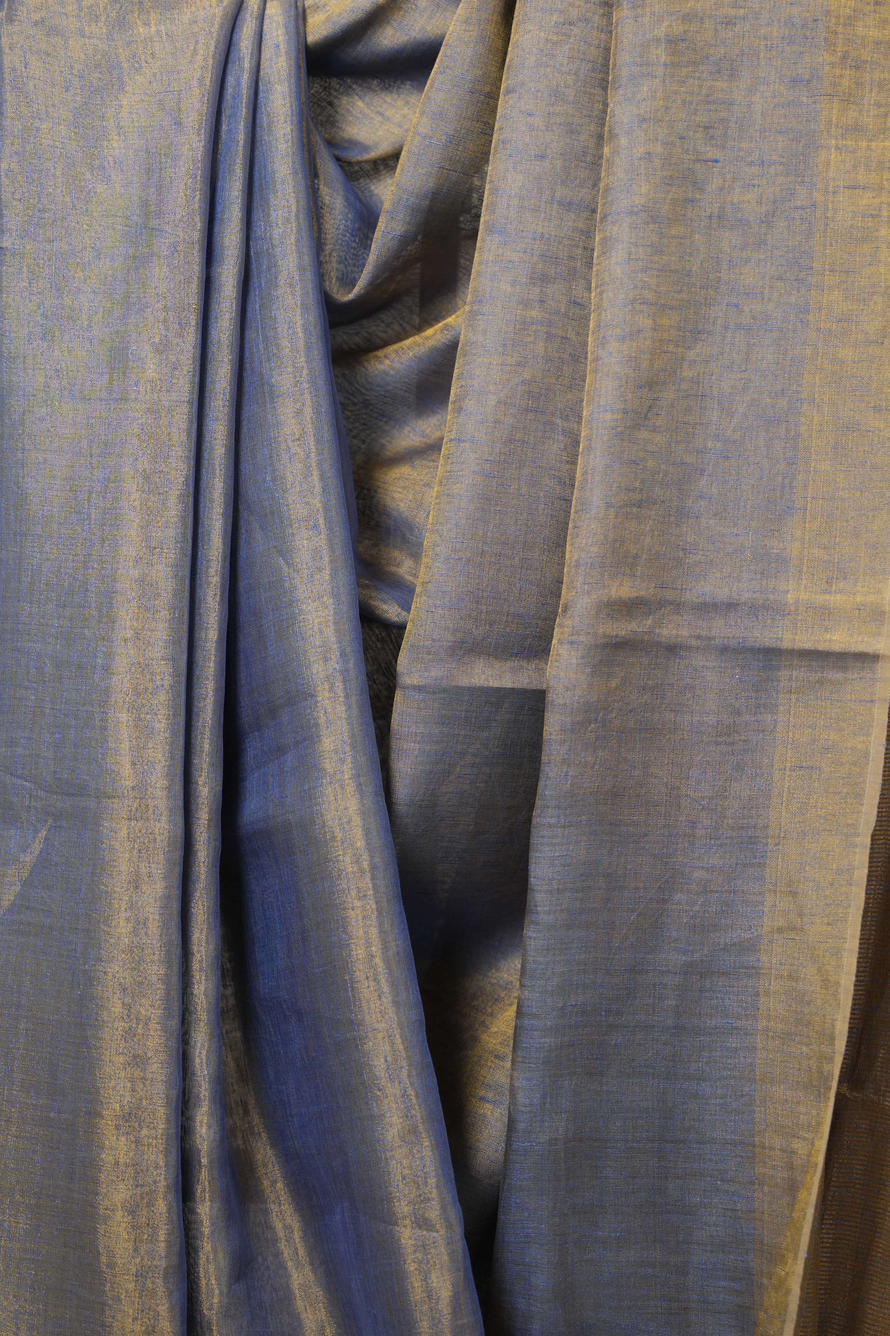 Blue Gold Plain Tissue Linen Saree With Tassels-SRBGPTLS249