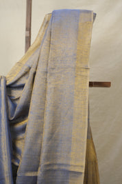 Blue Gold Plain Tissue Linen Saree With Tassels-SRBGPTLS249