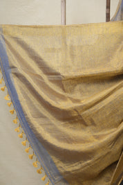 Blue Gold Plain Tissue Linen Saree With Tassels-SRBGPTLS249