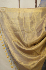 Blue Gold Plain Tissue Linen Saree With Tassels-SRBGPTLS249