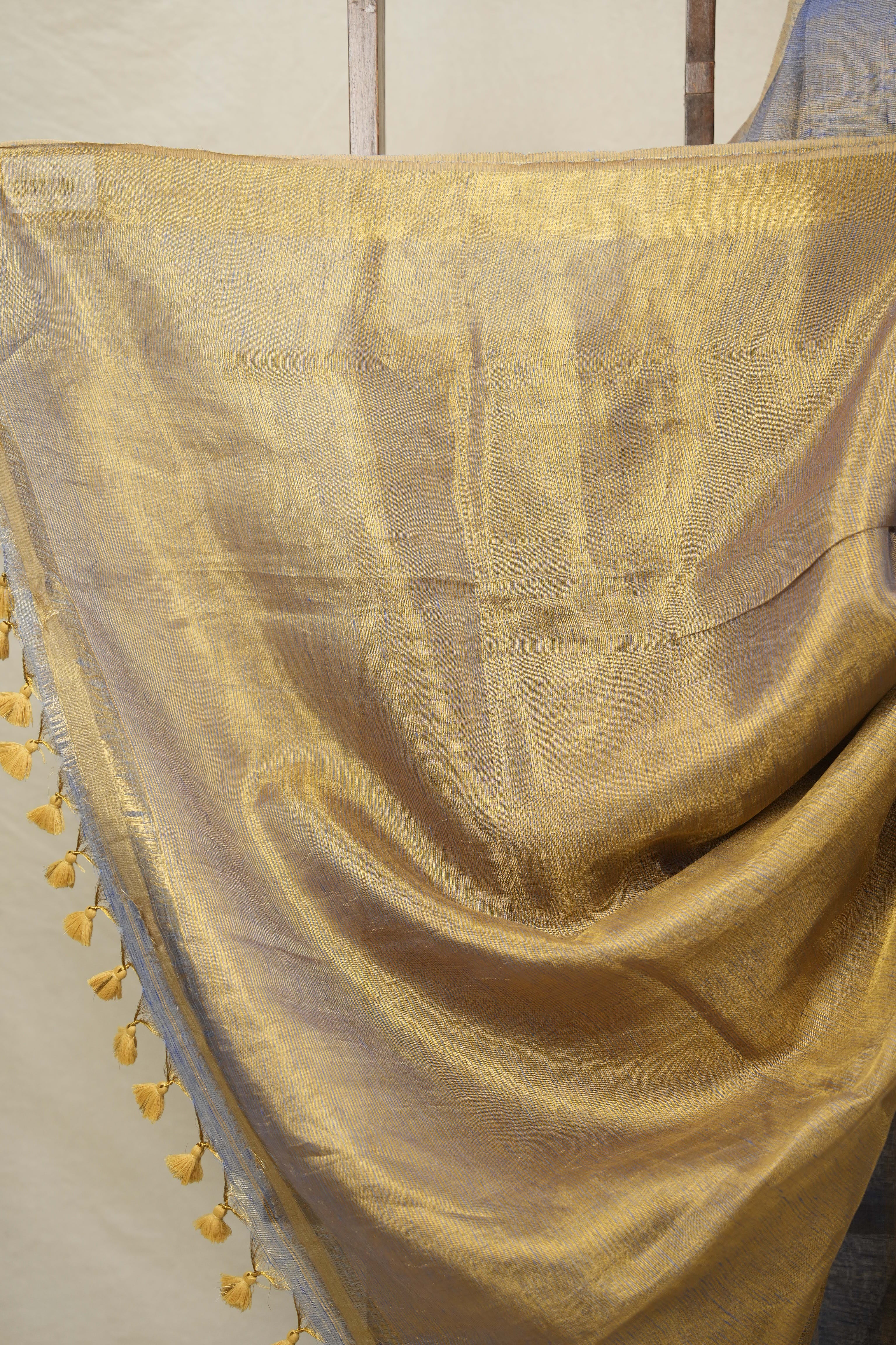 Blue Gold Plain Tissue Linen Saree With Tassels-SRBGPTLS249