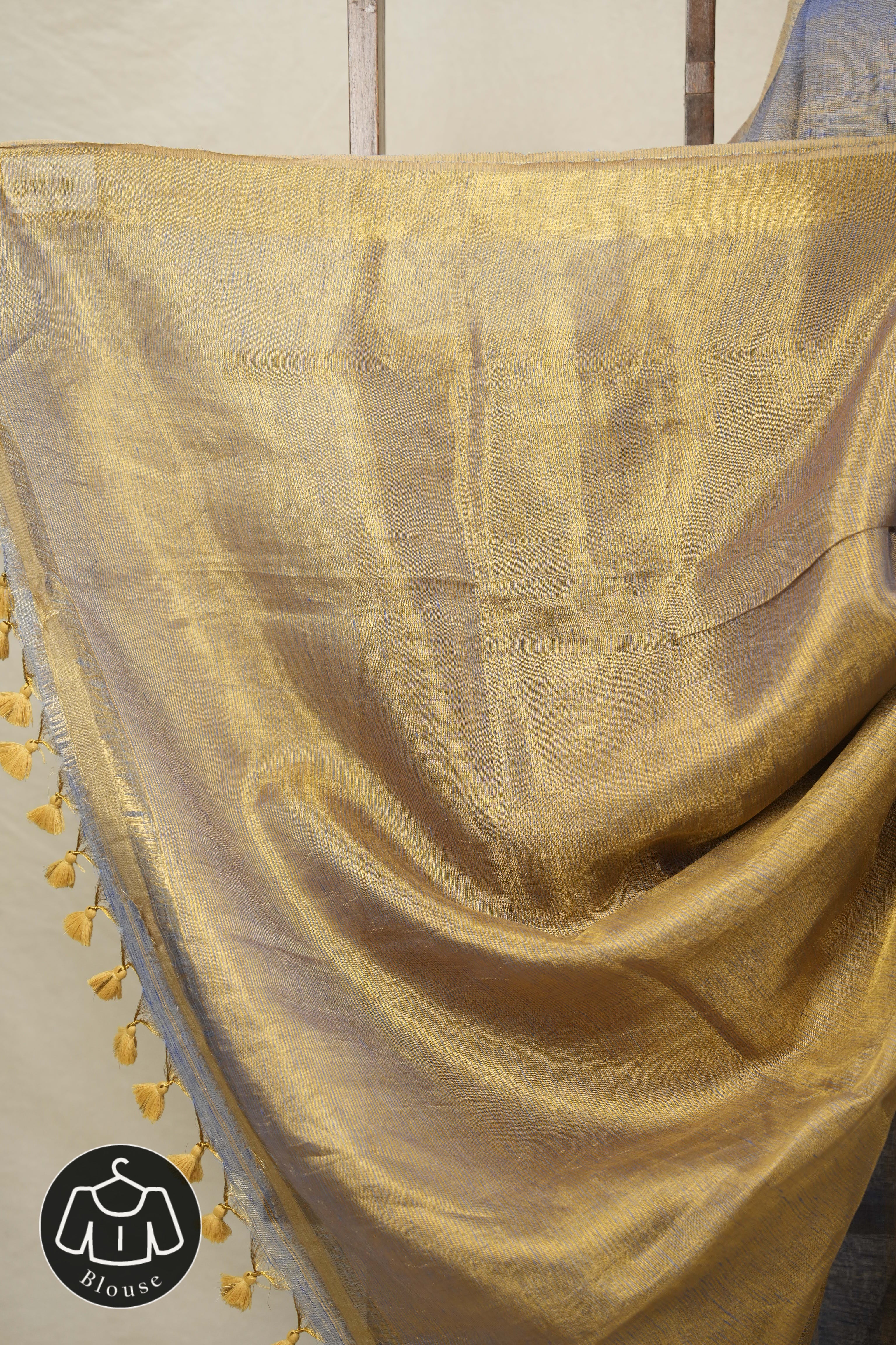 Blue Gold Plain Tissue Linen Saree With Tassels-SRBGPTLS249