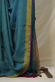 Peacock Green Plain Linen Saree With Pink Tassels - SRPGPLS341