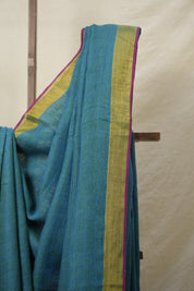 Peacock Green Plain Linen Saree With Pink Tassels - SRPGPLS341