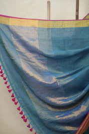 Peacock Green Plain Linen Saree With Pink Tassels - SRPGPLS341