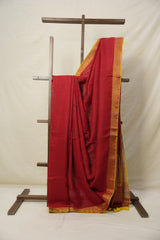 Red Plain Linen Saree With Yellow Tassels - SRRPLS342