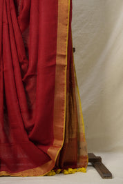 Red Plain Linen Saree With Yellow Tassels - SRRPLS342