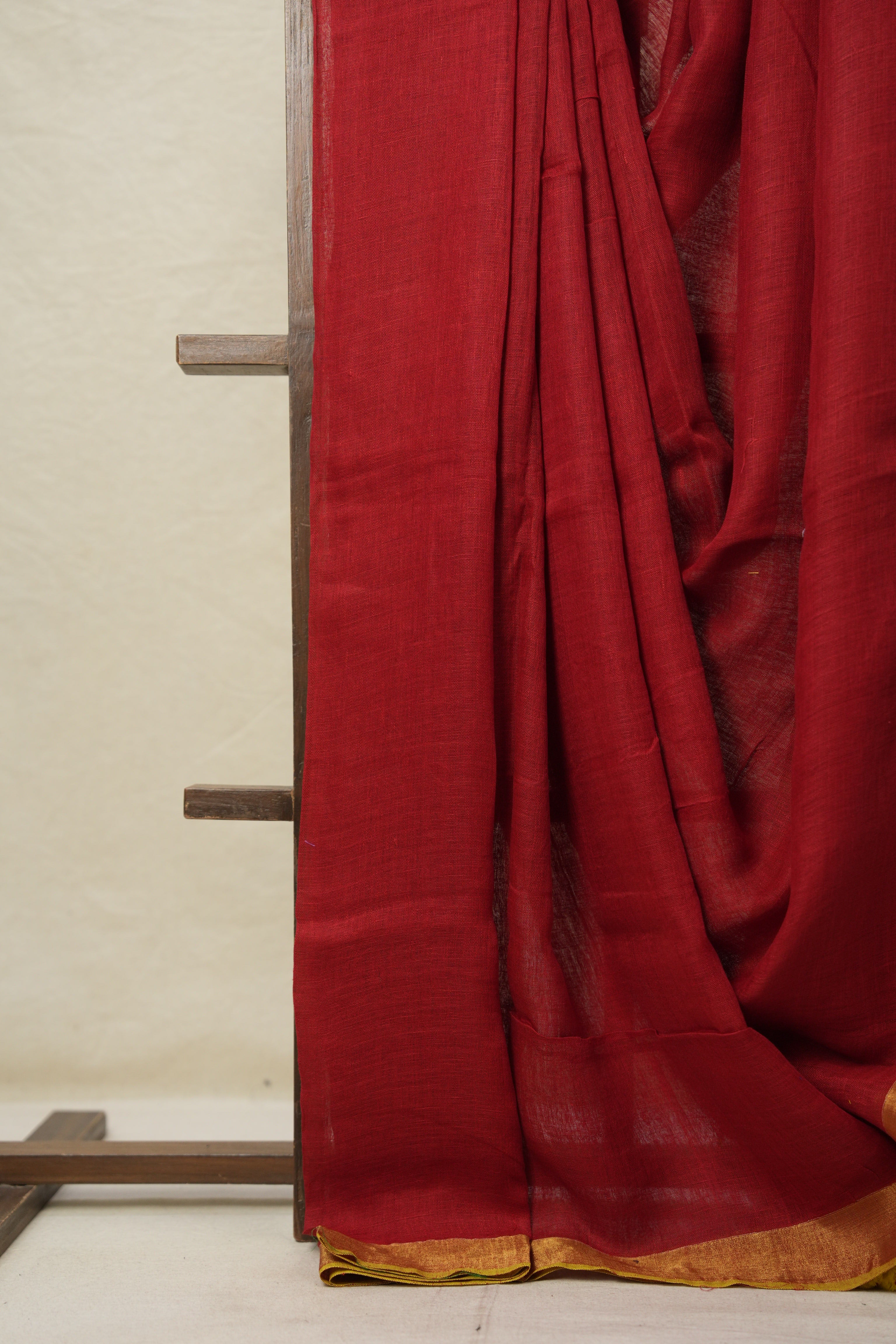 Red Plain Linen Saree With Yellow Tassels - SRRPLS342
