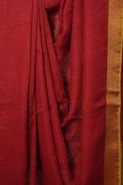 Red Plain Linen Saree With Yellow Tassels - SRRPLS342