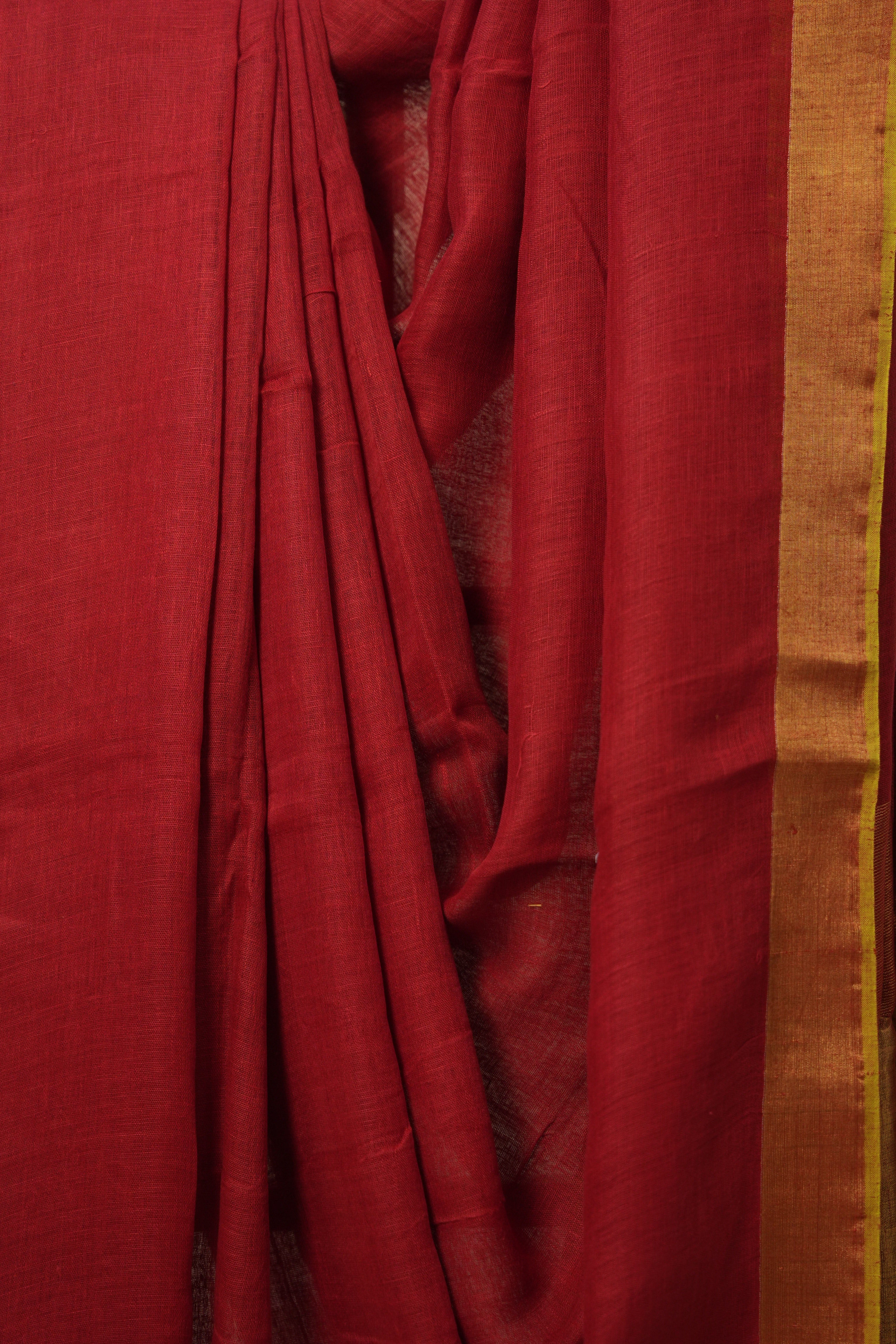 Red Plain Linen Saree With Yellow Tassels - SRRPLS342