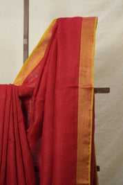 Red Plain Linen Saree With Yellow Tassels - SRRPLS342