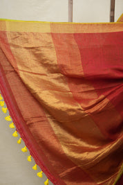 Red Plain Linen Saree With Yellow Tassels - SRRPLS342