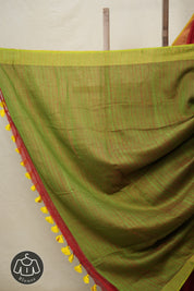 Red Plain Linen Saree With Yellow Tassels - SRRPLS342