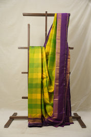 Yellow-Green Checks Kanjivaram Silk Saree - SRYGCKSS1014