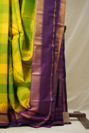 Yellow-Green Checks Kanjivaram Silk Saree - SRYGCKSS1014