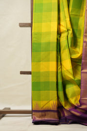 Yellow-Green Checks Kanjivaram Silk Saree - SRYGCKSS1014