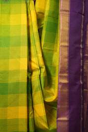 Yellow-Green Checks Kanjivaram Silk Saree - SRYGCKSS1014