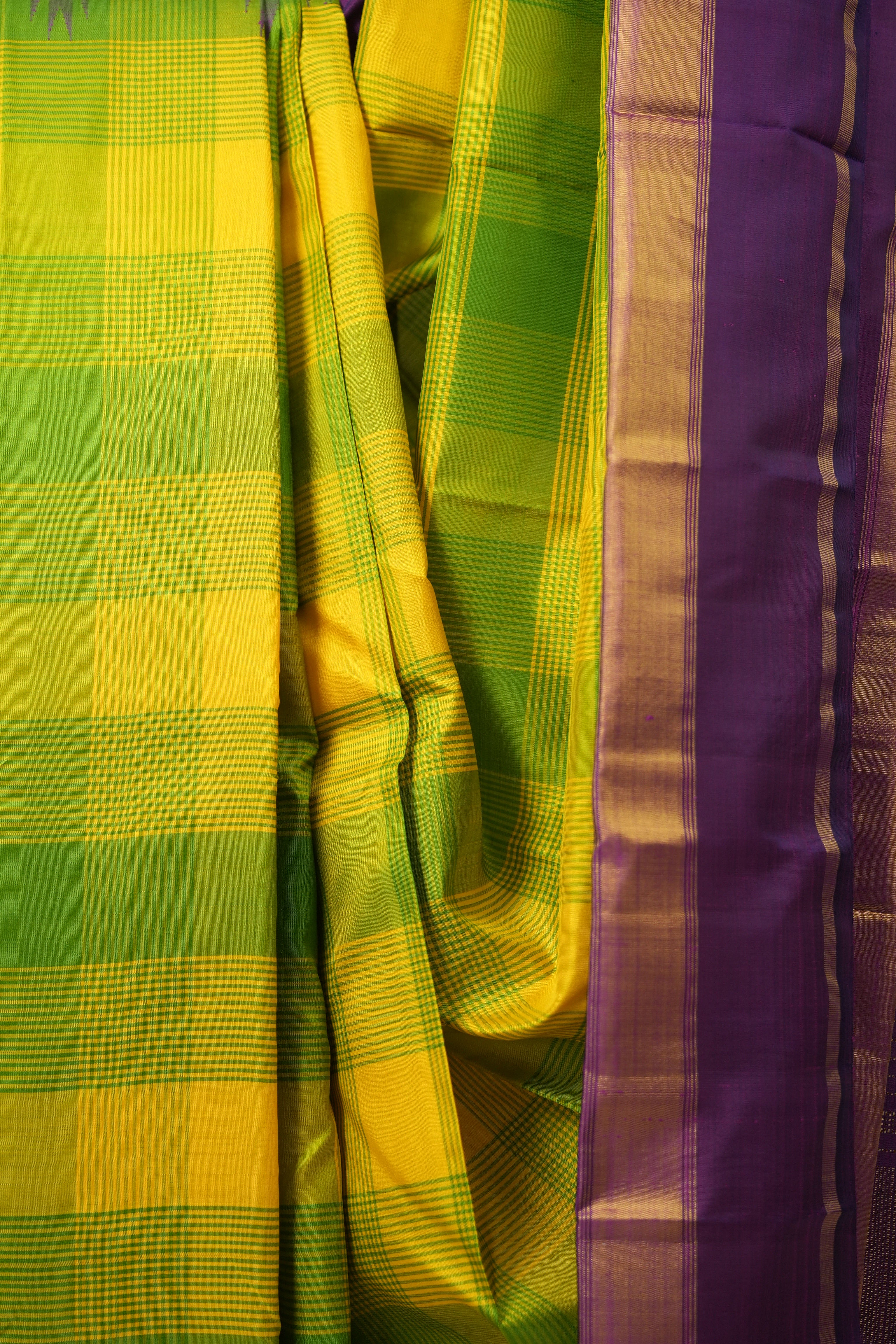 Yellow-Green Checks Kanjivaram Silk Saree - SRYGCKSS1014