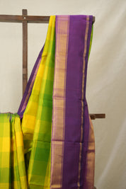 Yellow-Green Checks Kanjivaram Silk Saree - SRYGCKSS1014