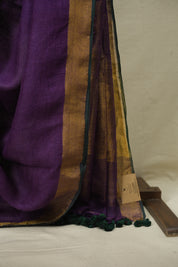 Purple Plain Linen Saree With Green Tassels - SRPPLS536