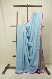 Sky Blue Plain Linen Saree With Pink Tassels - SRSBPLS529