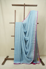Sky Blue Plain Linen Saree With Pink Tassels - SRSBPLS529