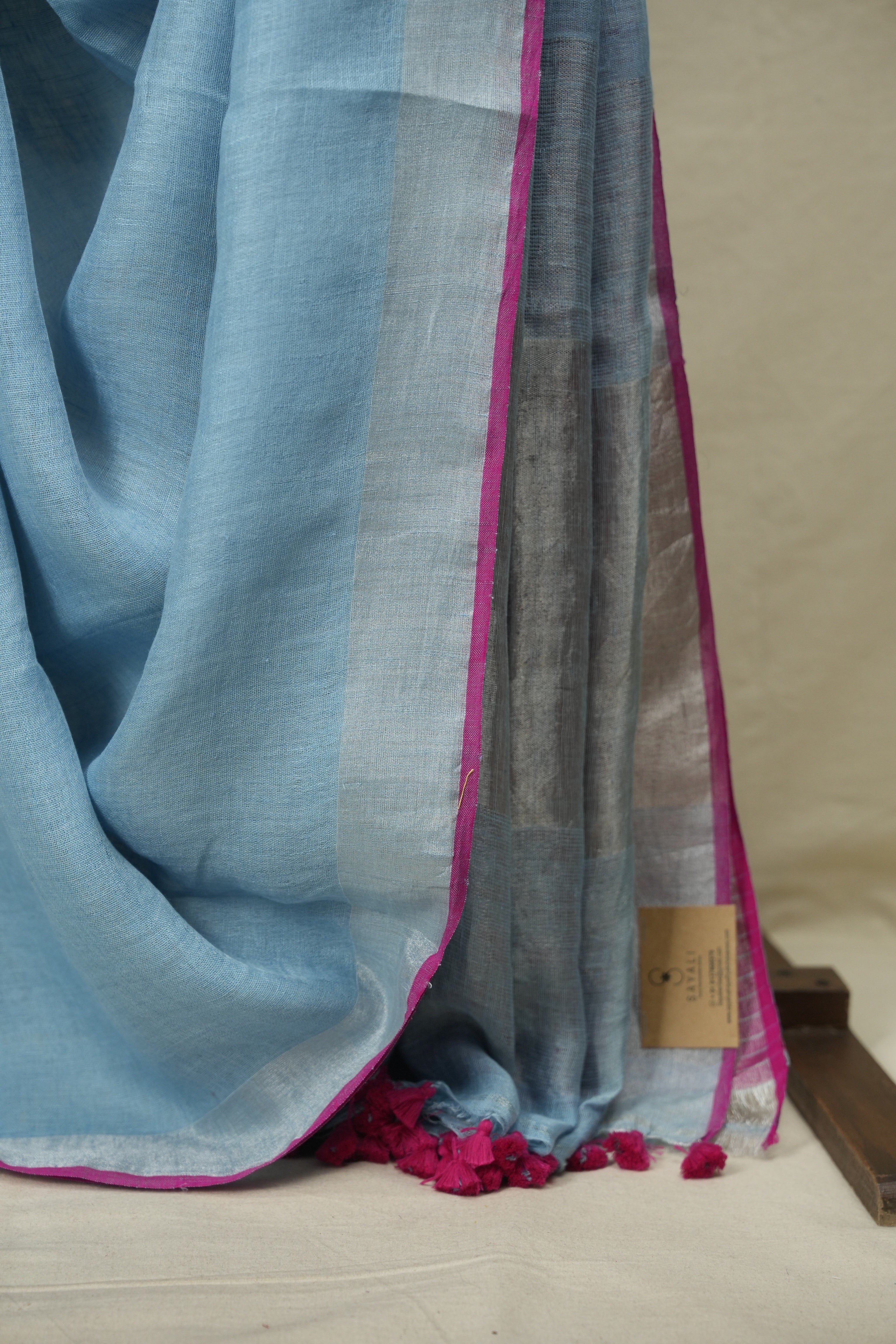 Sky Blue Plain Linen Saree With Pink Tassels - SRSBPLS529