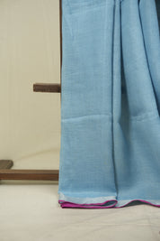 Sky Blue Plain Linen Saree With Pink Tassels - SRSBPLS529