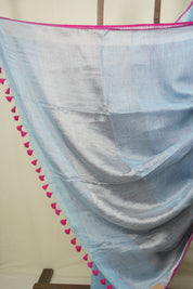 Sky Blue Plain Linen Saree With Pink Tassels - SRSBPLS529