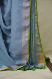 Turquoise Plain Linen Saree With Green Tassels - SRTPLS533