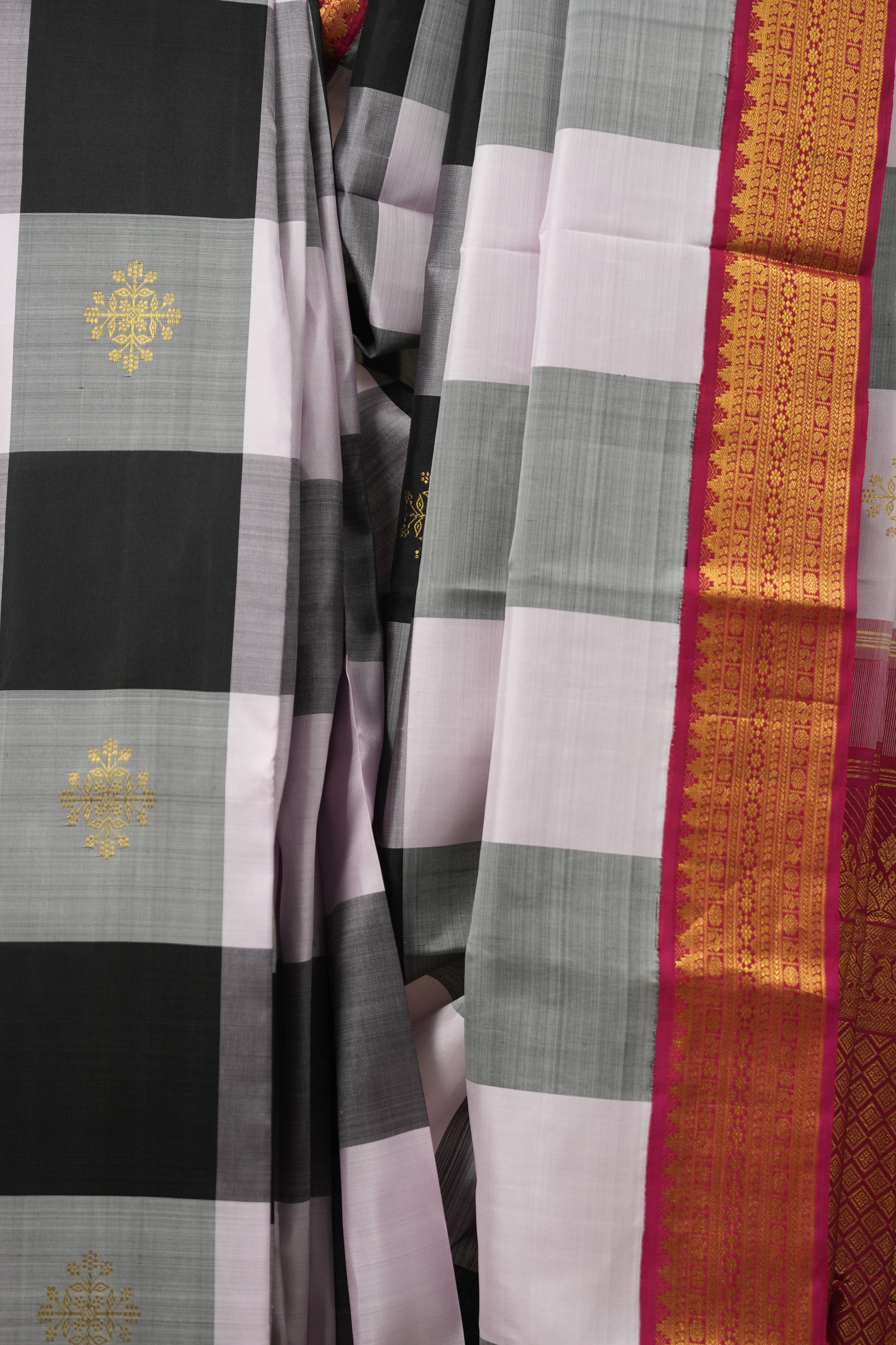 Black - Grey Checks Kanjivaram Silk Saree - SRBGCKSS1013