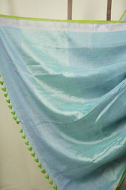 Turquoise Plain Linen Saree With Green Tassels - SRTPLS533