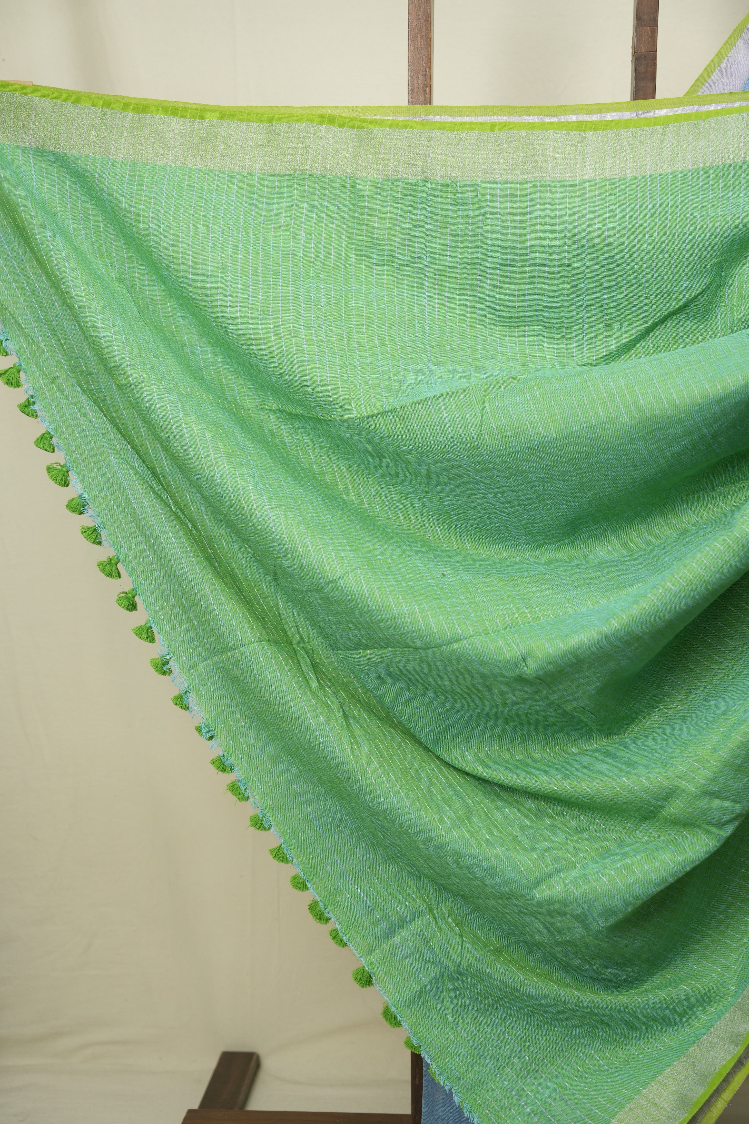 Turquoise Plain Linen Saree With Green Tassels - SRTPLS533