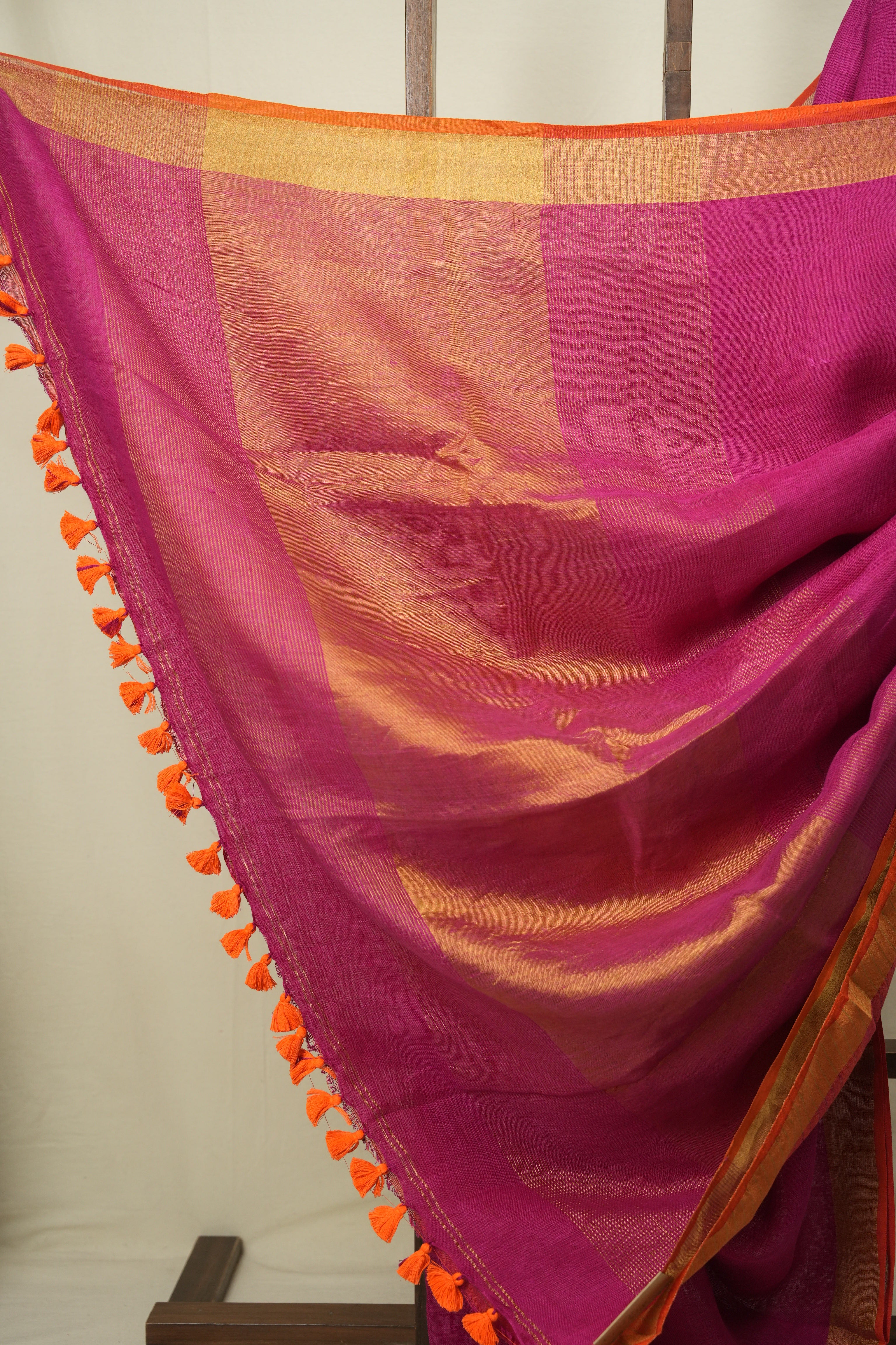 Pink Plain Linen Saree With Orange Tassels - SRPPLS530
