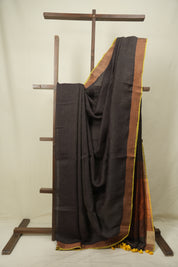 Brown Plain Linen Saree With Yellow Tassels - SRBPLS535