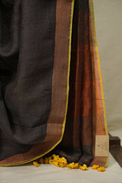 Brown Plain Linen Saree With Yellow Tassels - SRBPLS535