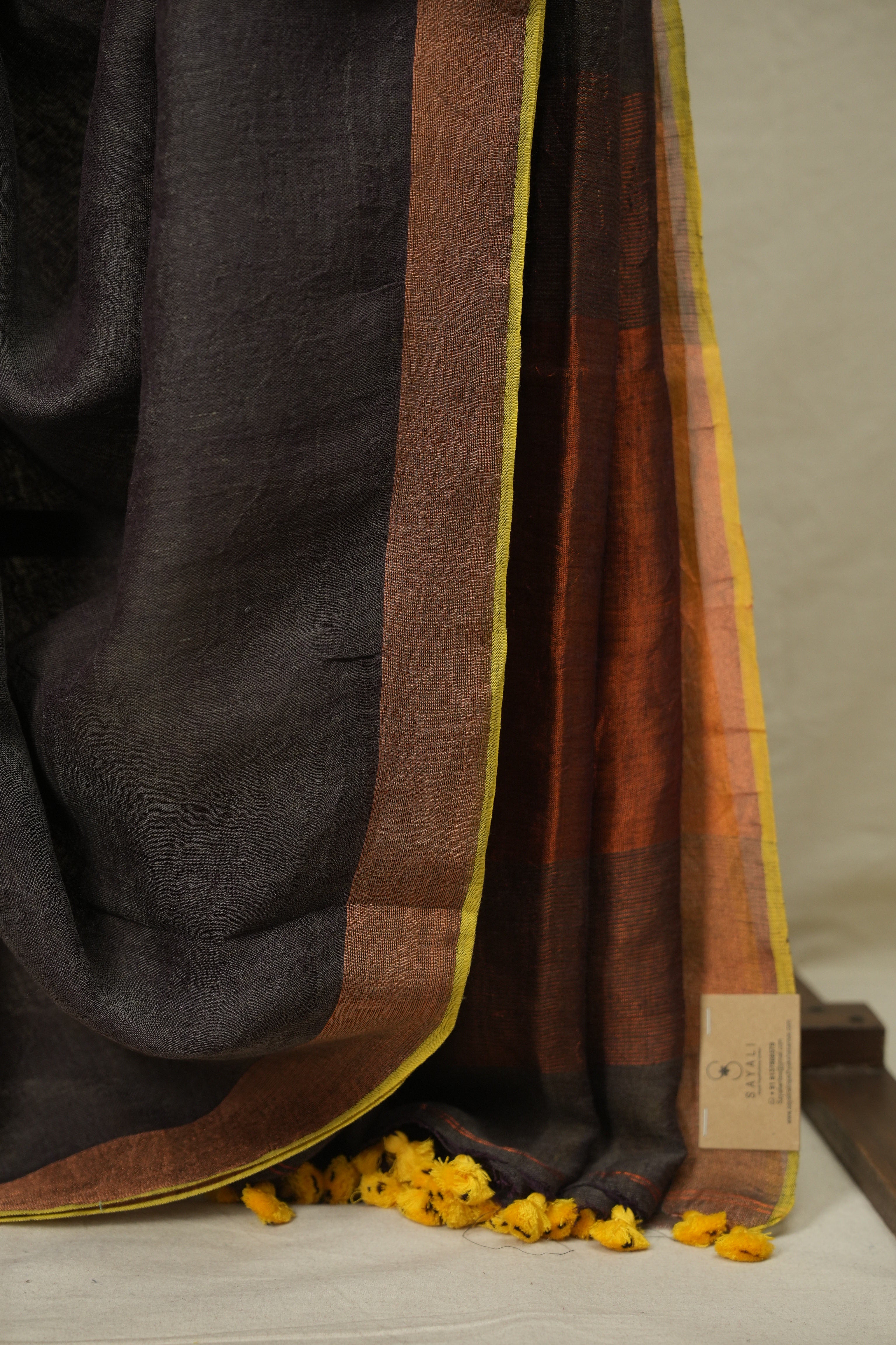 Brown Plain Linen Saree With Yellow Tassels - SRBPLS535