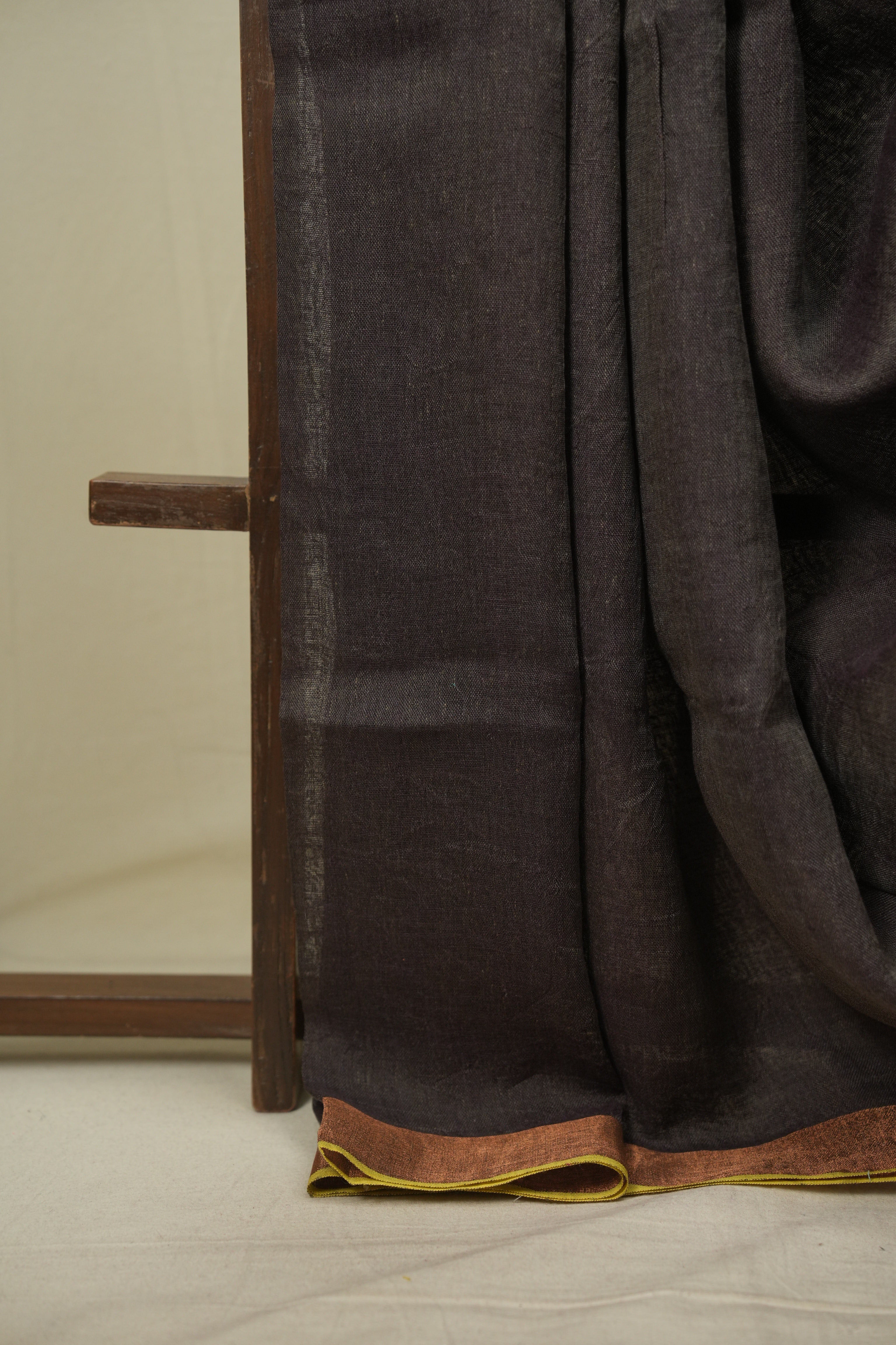 Brown Plain Linen Saree With Yellow Tassels - SRBPLS535
