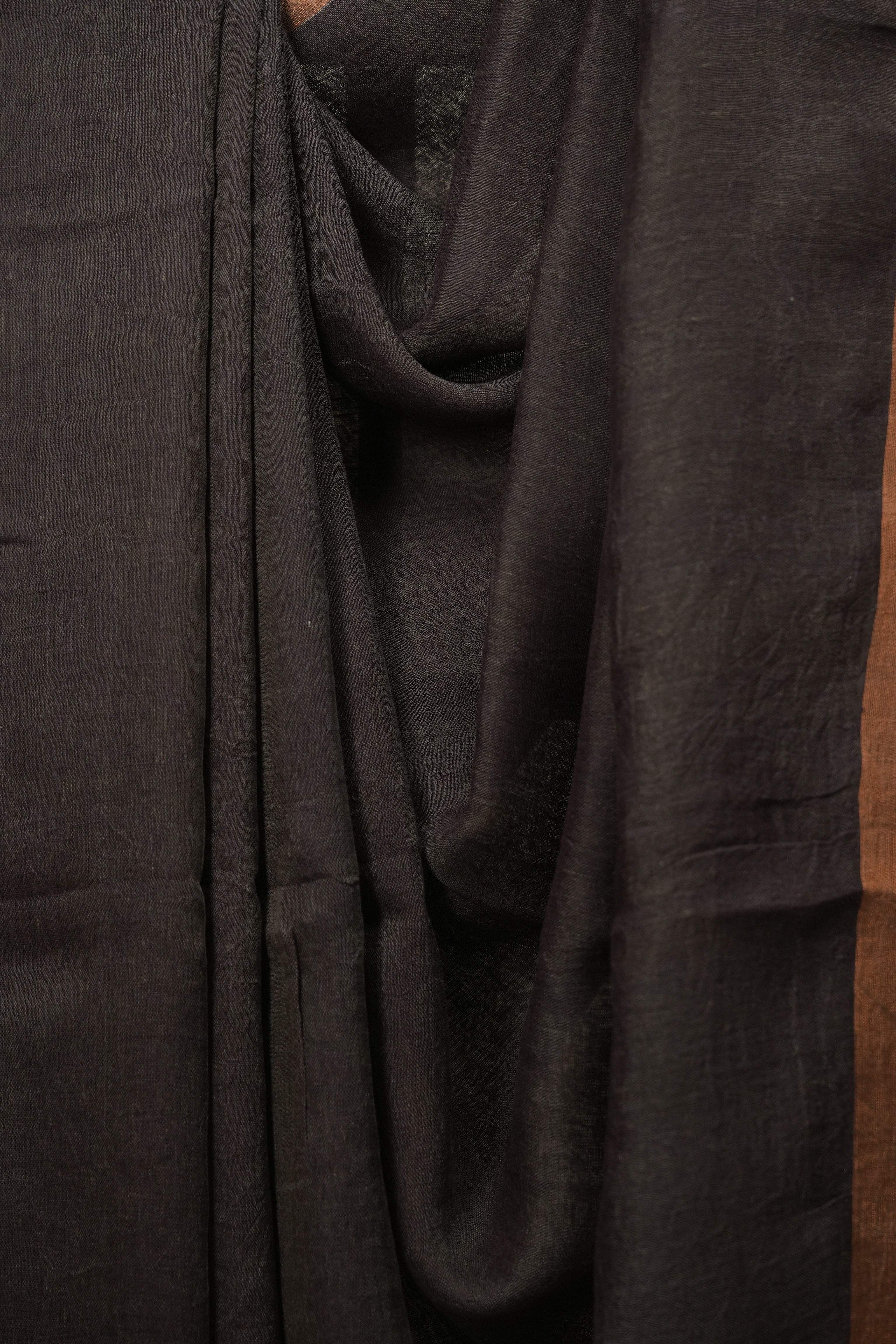 Brown Plain Linen Saree With Yellow Tassels - SRBPLS535