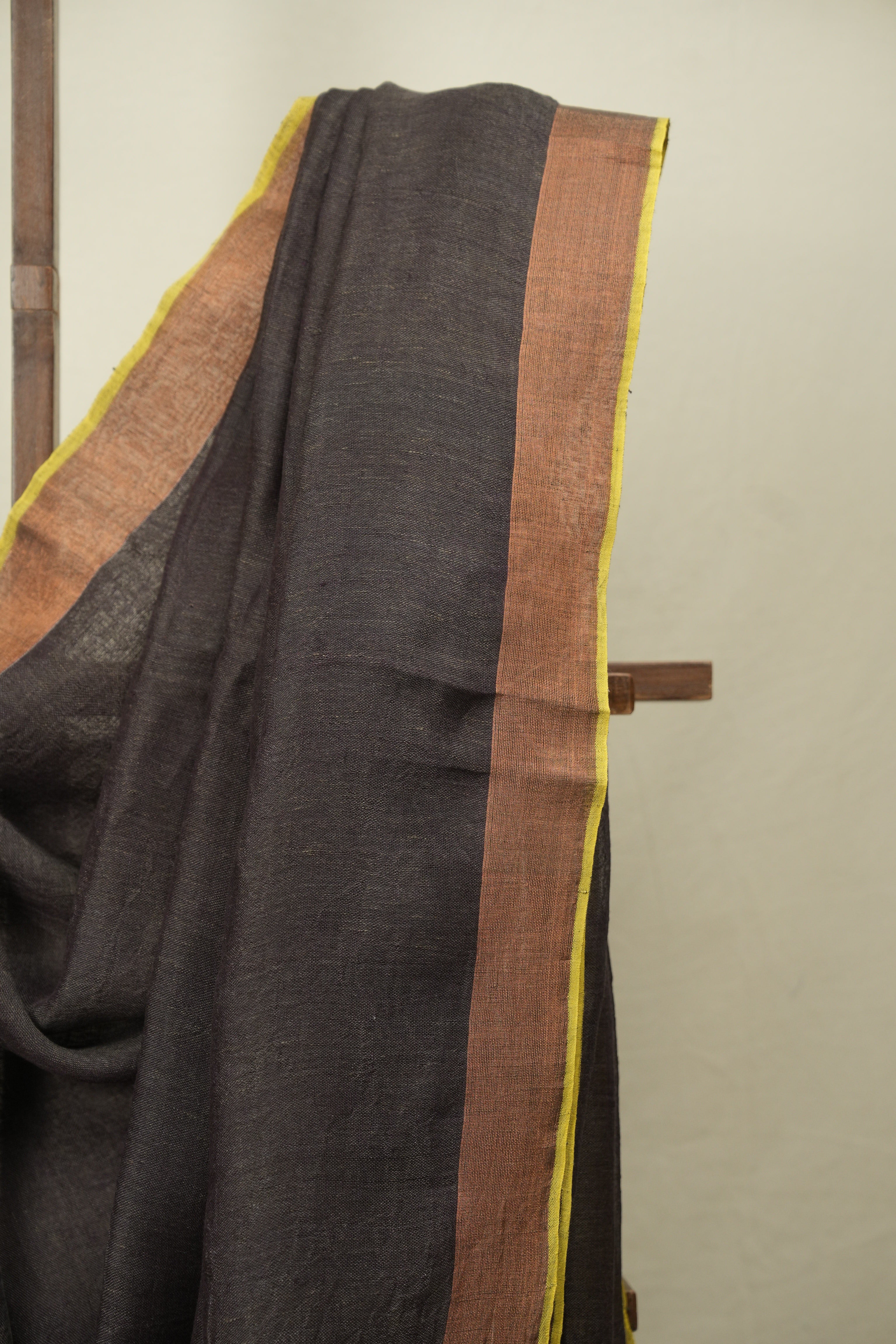 Brown Plain Linen Saree With Yellow Tassels - SRBPLS535