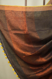 Brown Plain Linen Saree With Yellow Tassels - SRBPLS535