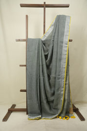 Grey Plain Linen Saree With Yellow Tassels - SRGPLS534