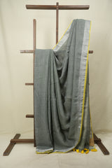 Grey Plain Linen Saree With Yellow Tassels - SRGPLS534
