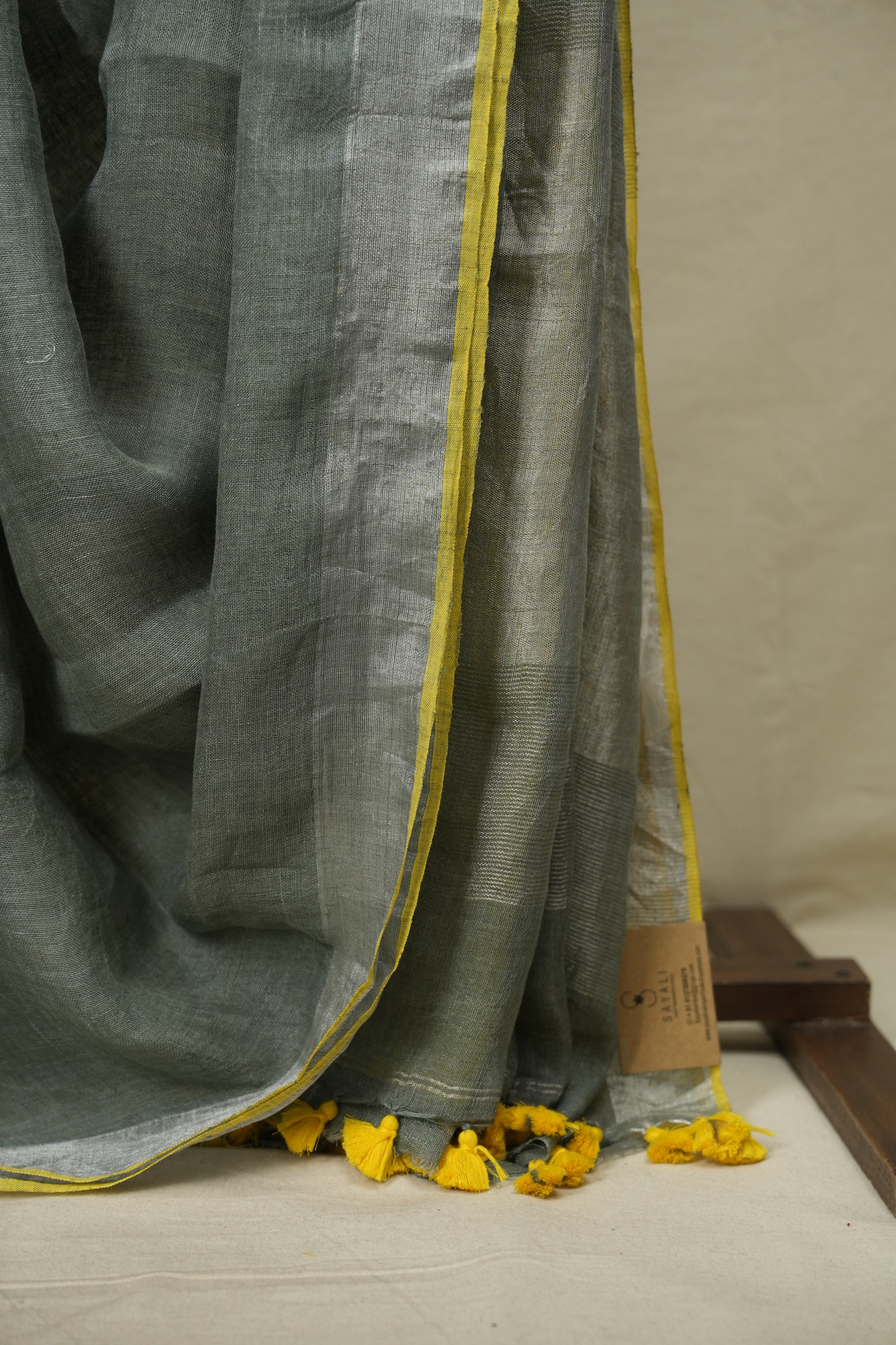 Grey Plain Linen Saree With Yellow Tassels - SRGPLS534